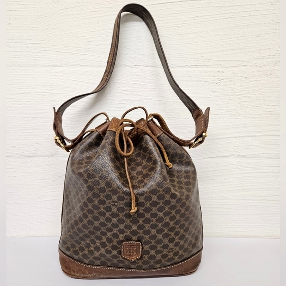Celine Vintage Macadam Sac Seau Drawstring Bucket Bag in Canvas and Leather
